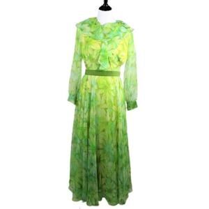 Vintage 1970s Jack Bryan Green Floral Print Chiffon Maxi Dress Medium